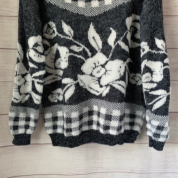 Vintage Nan Dorsey Gray and White Check and Floral Knit Sweater - Picture 6 of 15